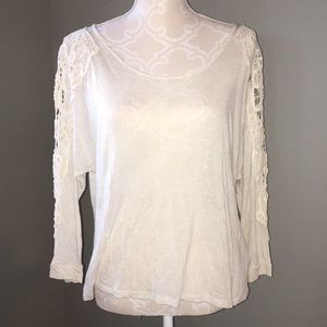 Lush brand high low oatmeal crochet sleeve shirt